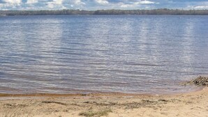 Un lago tranquilo con orilla arenosa y un bosque al fondo.