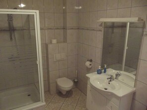 Een badkamer met douche, toilet, wastafel en spiegel.