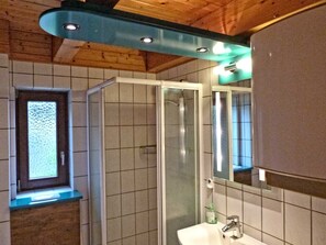 Shower, hair dryer, soap, toilet paper