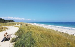 Un sendero arenoso con un banco de madera, que lleva a una playa de arena blanca y agua cristalina azul.