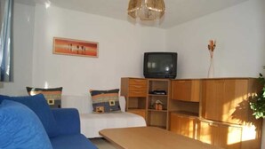 A room with a blue sofa, a bed, a television, and wooden cabinets.
