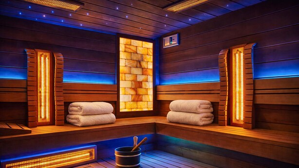 A sauna with wooden benches, towels, and a bucket. - schönes Ferienhaus Reinersdorf (Reinersdorf)