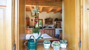 A rustic kitchen with wooden beams, a hanging light fixture, and various kitchen items. - schönes Ferienhaus Reinersdorf (Reinersdorf)