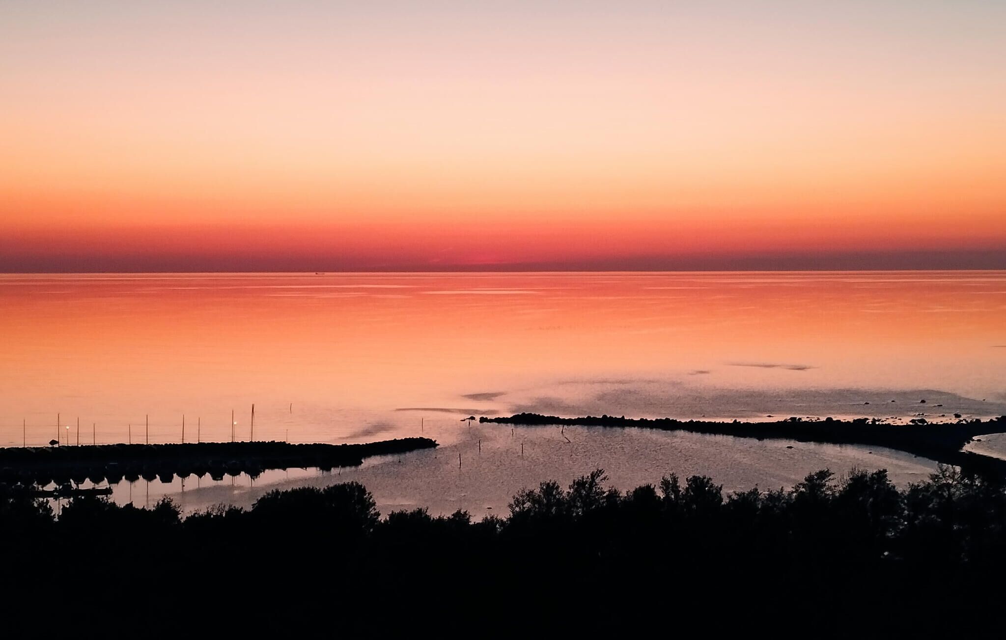 A coastal landscape at sunset with calm waters, a distant shoreline, and a line of trees in the foreground.