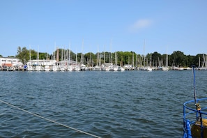 Ein Yachthafen mit mehreren Segelbooten, ein Gebäude mit rotem Dach und einem strahlend blauen Himmel.