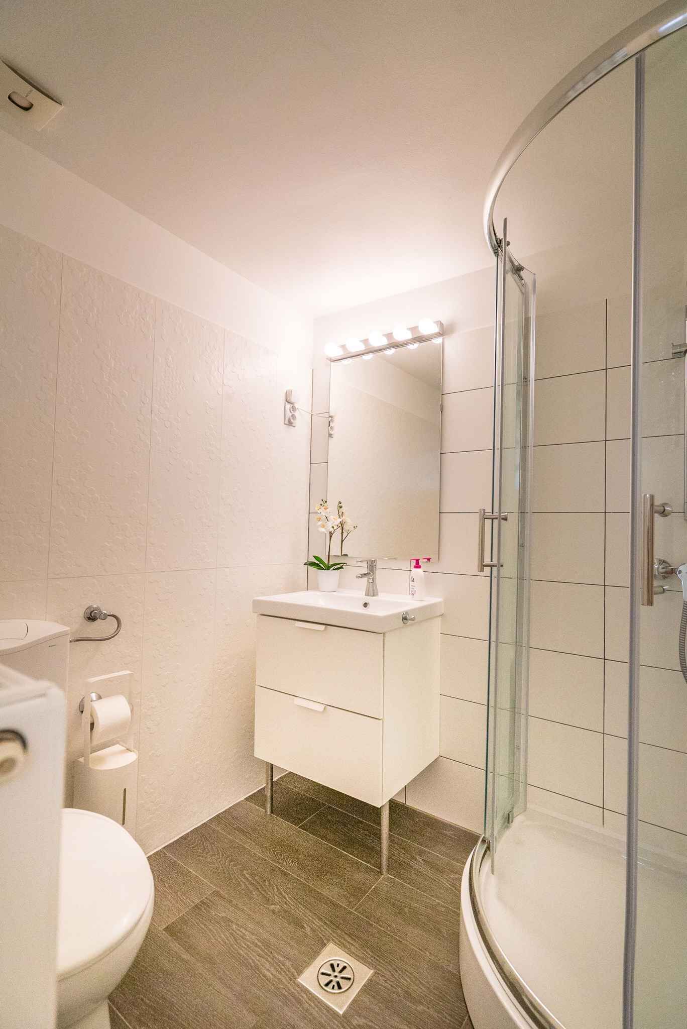 Une salle de bain moderne avec une douche à parois de verre, un lavabo blanc avec un miroir et des toilettes.