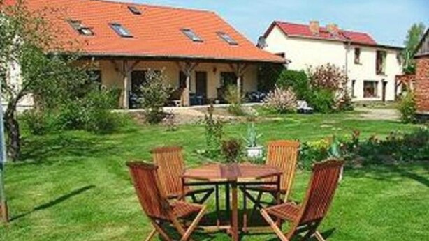 A patio with a wooden table and four chairs, surrounded by a well-maintained lawn. - Apartment 1 - Apartments family Moll (Benz)