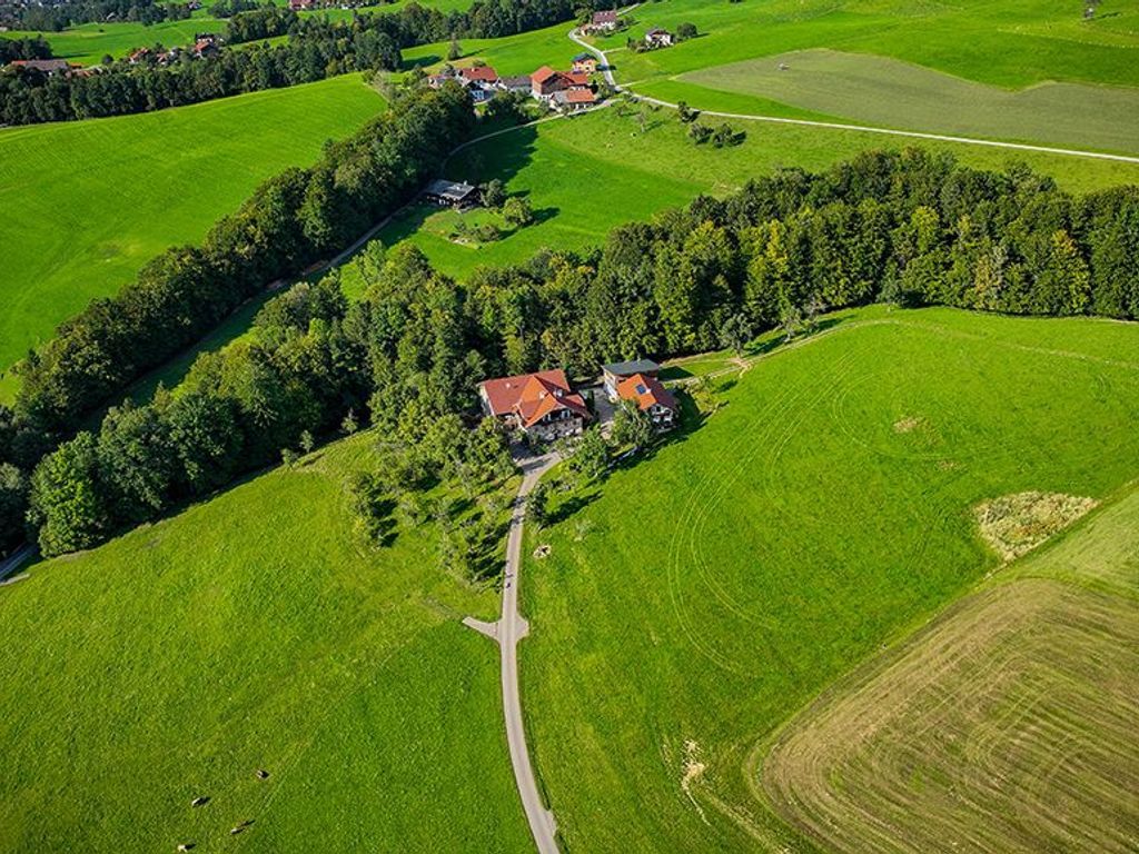 Une vue aérienne d’une zone rurale, avec des champs verdoyants, une route sinueuse et un ensemble de bâtiments aux toits rouges.