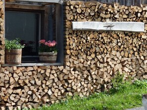Une façade d’immeuble ornée de bois de chauffage empilé et une fenêtre agrémentée de plantes en pot.