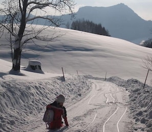 Un sentier de montagne enneigé, sur lequel on aperçoit une personne vêtue de rouge et de noir.