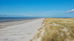 Une plage avec des dunes de sable et un ciel dégagé.