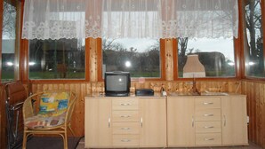 Ein Holzblockhaus-Interieur mit einem Fernseher auf einem Holzschrank, einem Korbstuhl und einem Fenster mit Spitzenvorhängen.