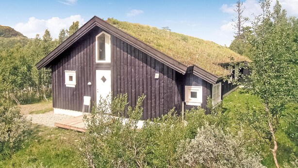 Una baita di legno scuro con tetto a capanna, immersa nel verde e con una collina sullo sfondo.