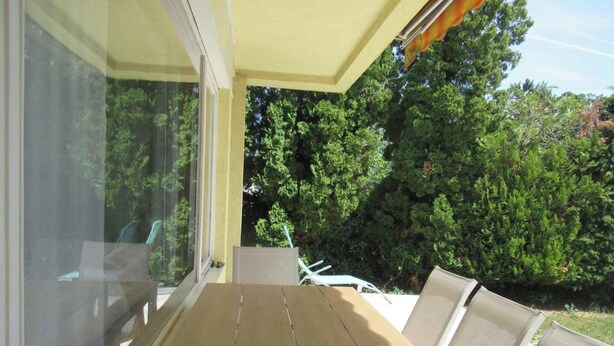 Un patio techado con una mesa y sillas, vista a árboles verdes frondosos y un cielo despejado.