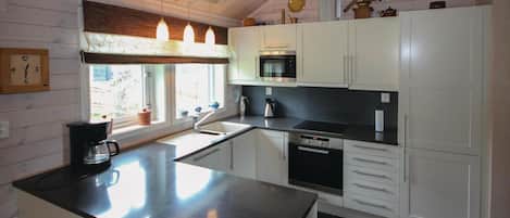 Fridge, stovetop, dishwasher, coffee/tea maker