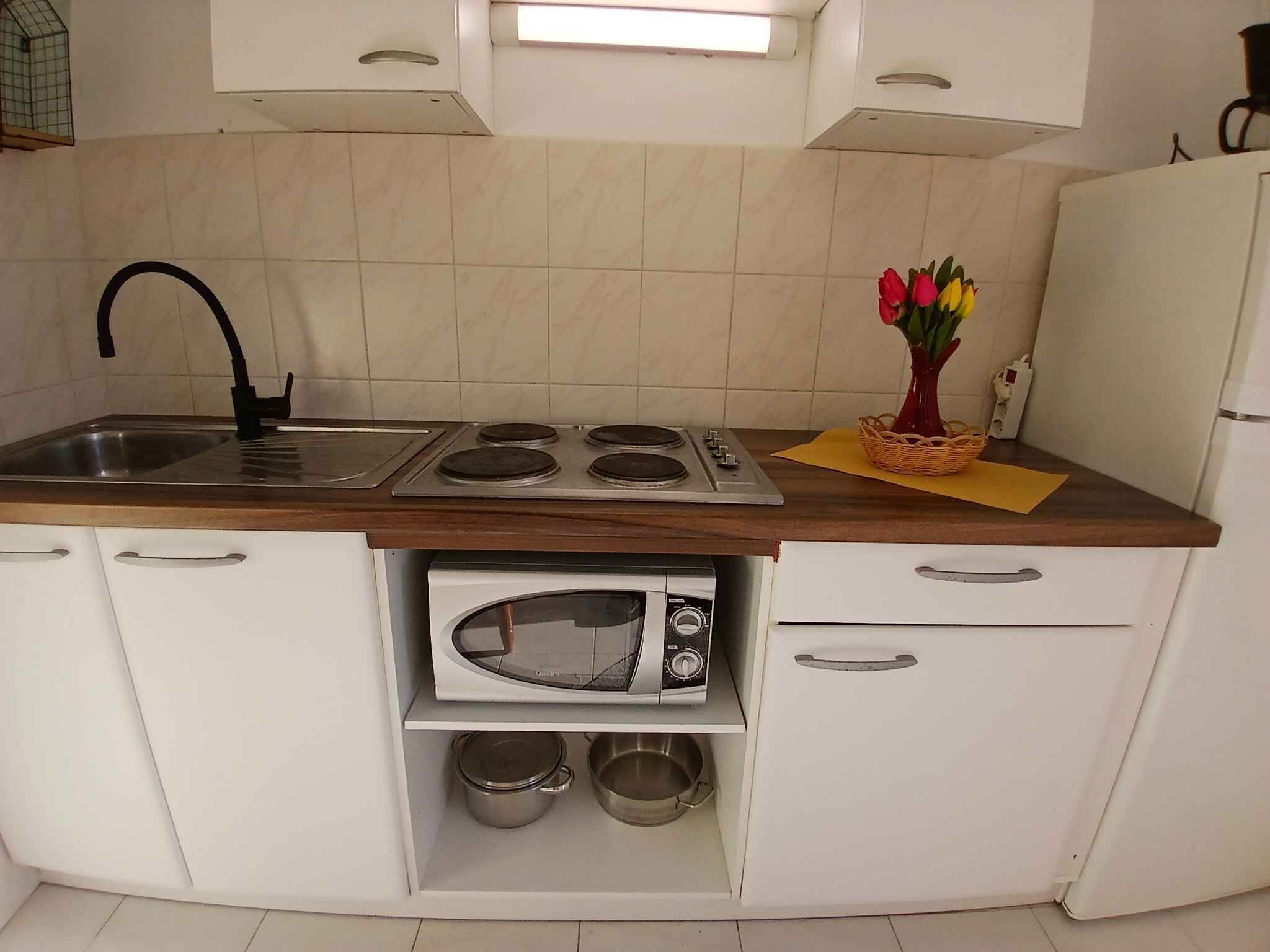 Una cocina compacta con lavamanos, estufa, microondas y alacenas.