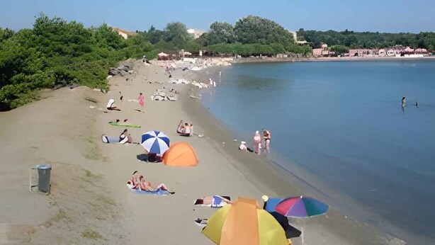 A beach with people sunbathing and swimming, and several colorful umbrellas.