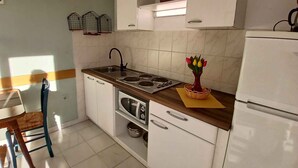 A kitchen with white cabinets, a wooden countertop, a sink, a stove, and a refrigerator.
