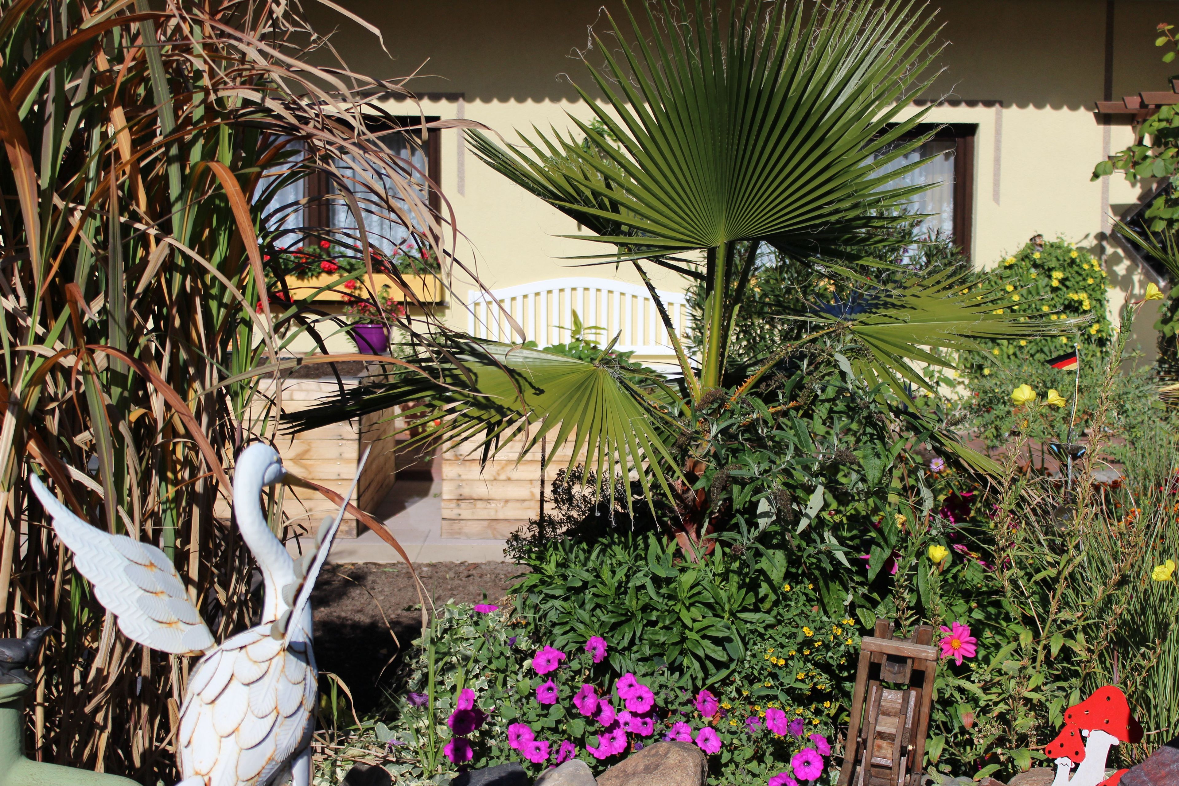 A garden with a decorative bird sculpture, a palm tree, and various flowering plants.