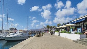 A marina with boats docked, a paved walkway, and a row of seaside restaurants.