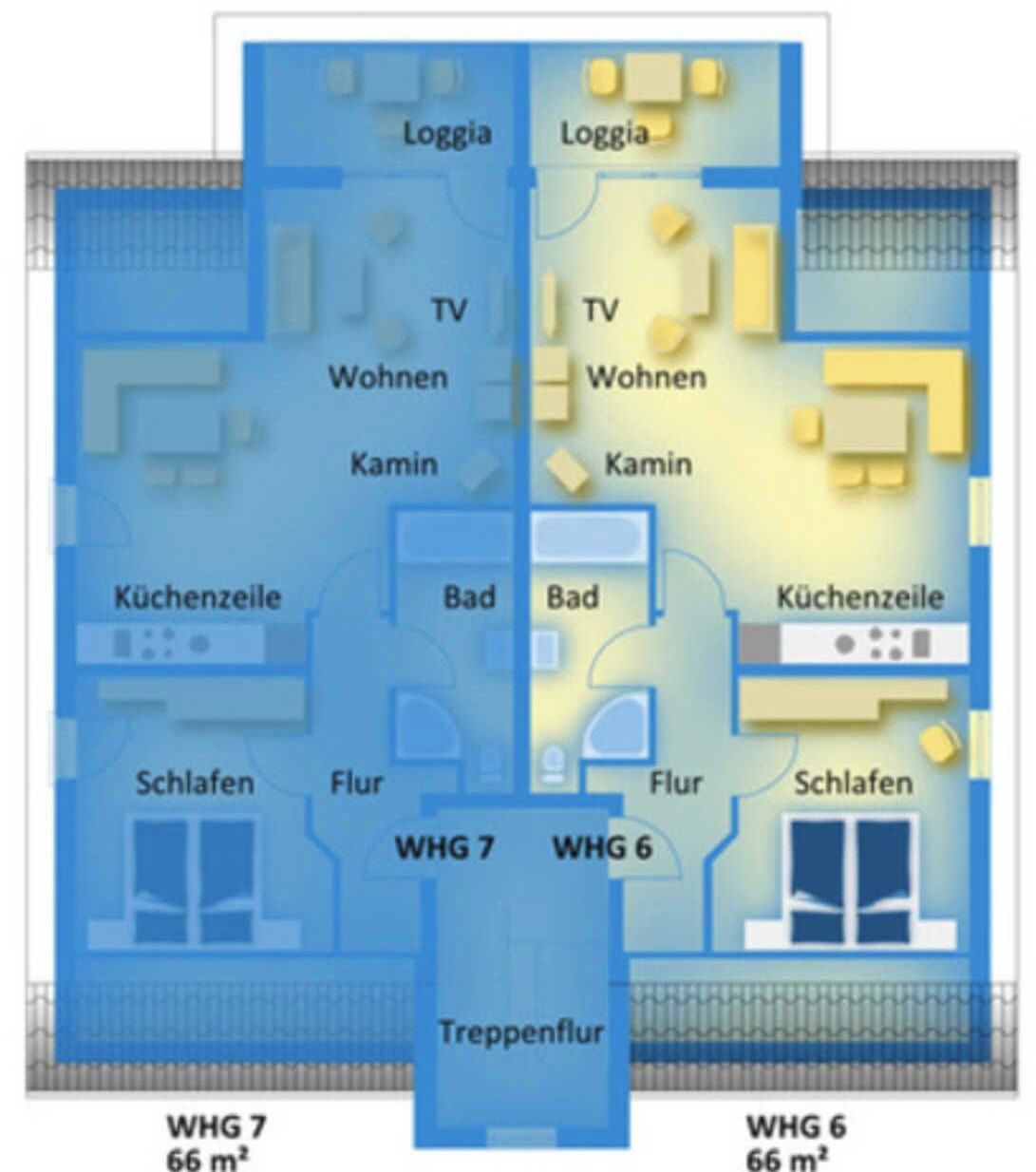 A floor plan of a hotel with two WHG rooms, each 66 m², featuring a living room, kitchen, bathroom, and TV.