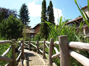A wooden pathway leading to a building with a tiled roof, surrounded by greenery and tall trees. - Residence Laguna Whg L-06 .. - L-06 (Kühlungsborn)