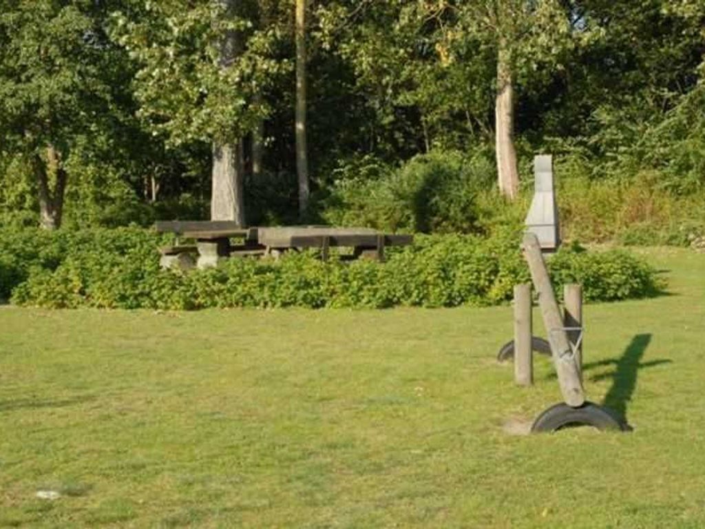 Ein Picknicktisch in einer grünen Parkanlage mit Bäumen im Hintergrund.
