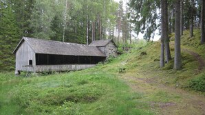 A rustic wooden building with a sloped roof, surrounded by lush greenery and tall trees. - 2 bedroom amazing home in Hestra (Hestra)