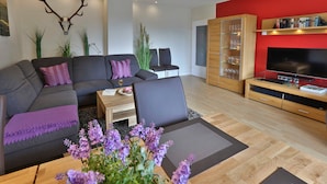 A modern living room with a grey sofa, a coffee table, and a TV stand.