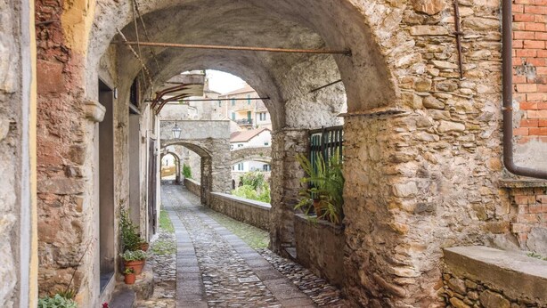 A narrow stone alleyway with arched structures, potted plants, and a cobblestone path.