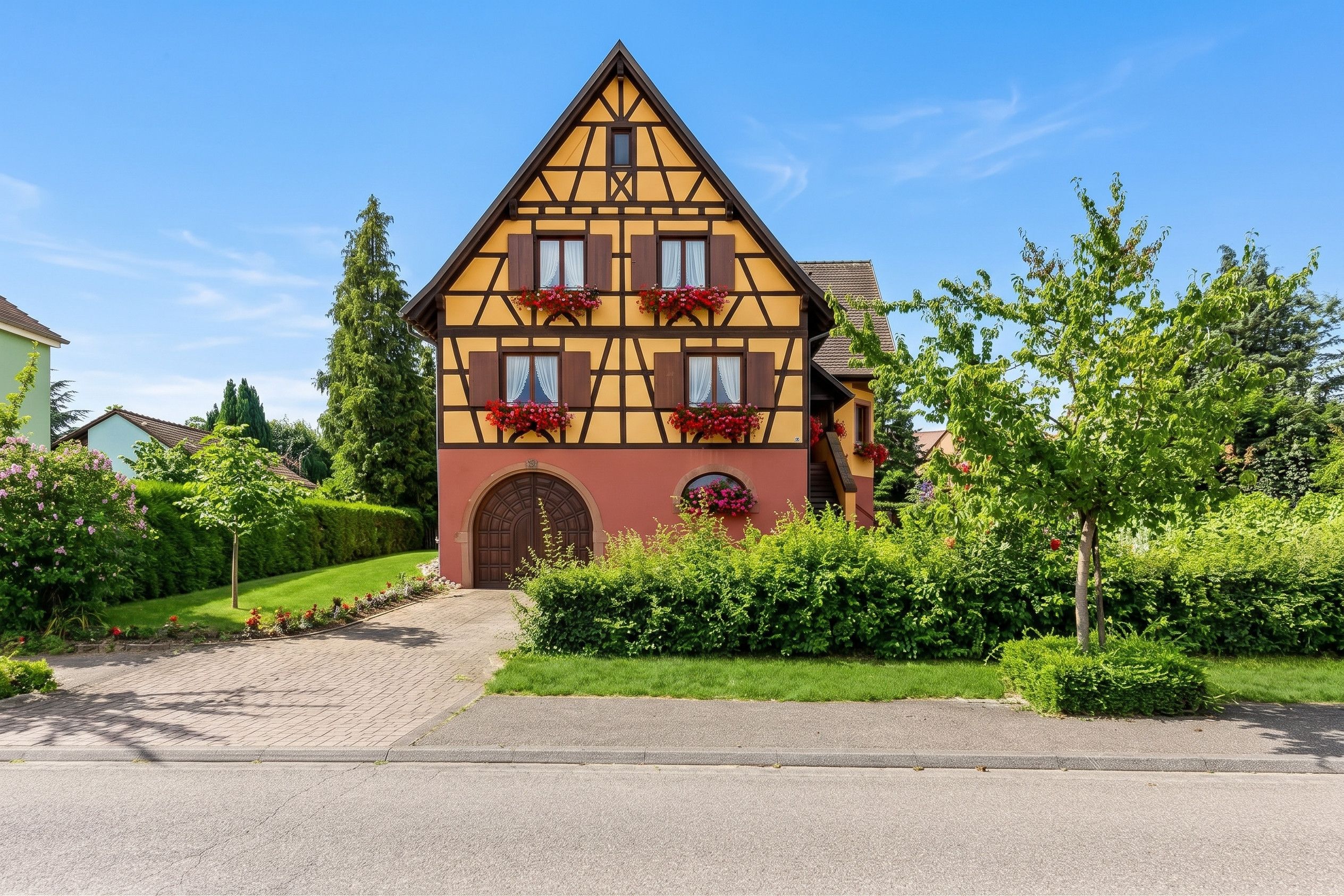 Une maison traditionnelle à colombages, dotée d’une façade symétrique, d’une entrée centrale avec une grande porte en bois et de jardinières aux fenêtres du premier étage.