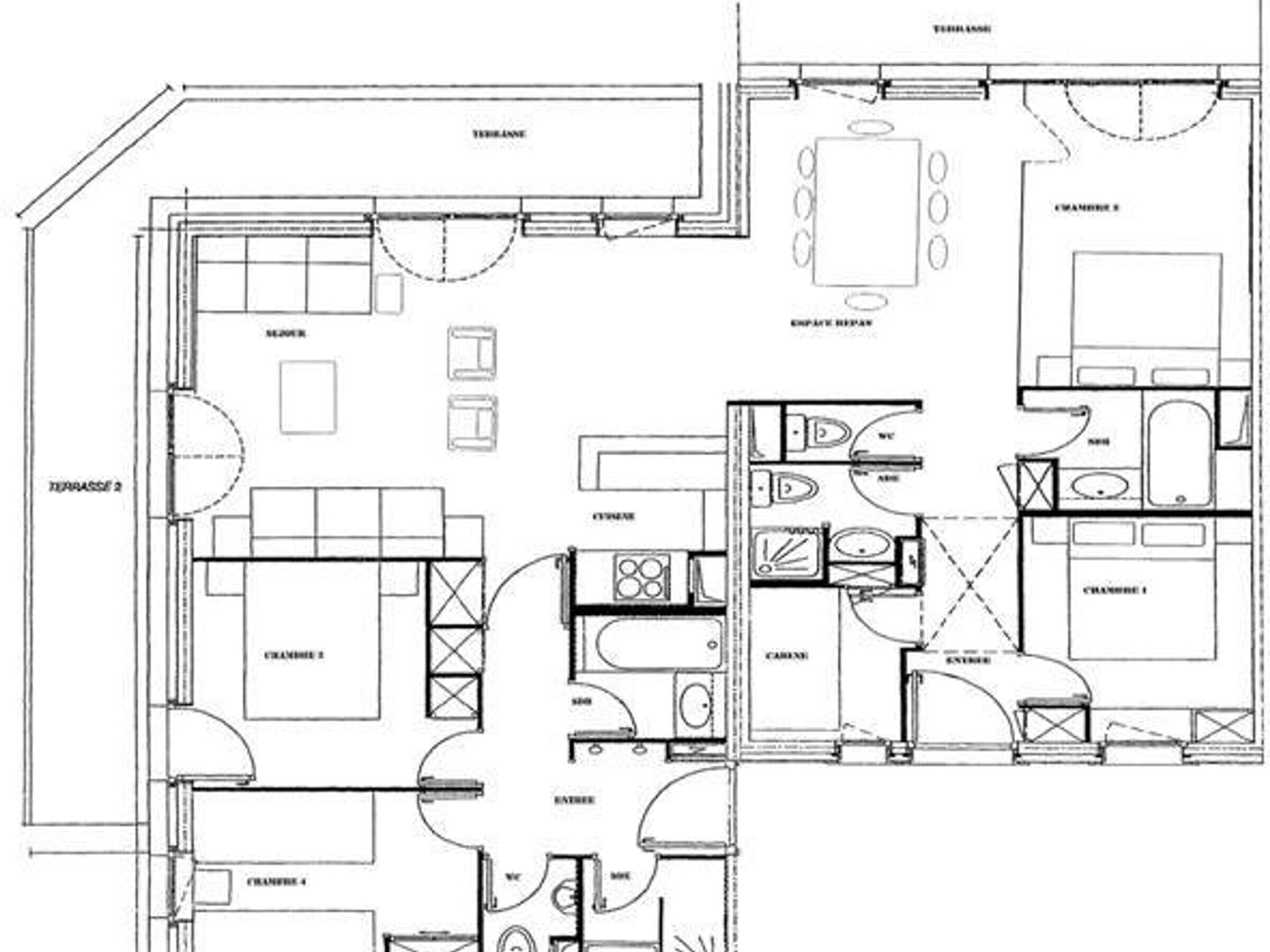 A floor plan of a hotel with multiple rooms, including a kitchen, dining area, and a bathroom.