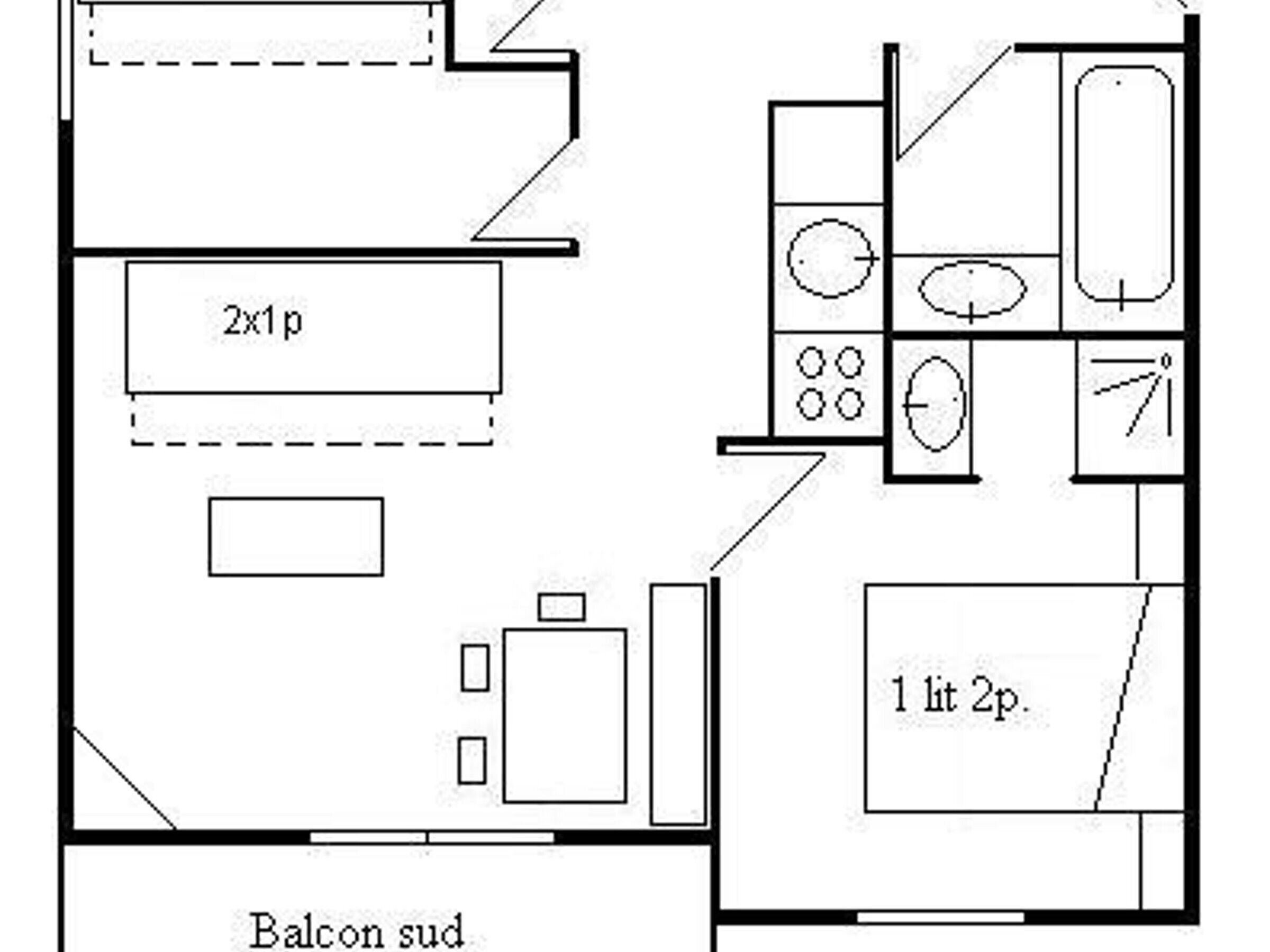 A 2x1 room layout with a balcony and a 1-liter 2p room.