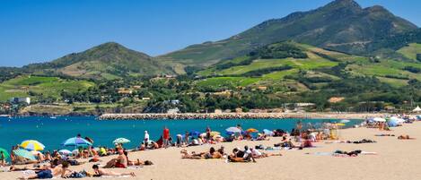 A beach with people sunbathing and swimming, a rocky breakwater, and green hills in the background.