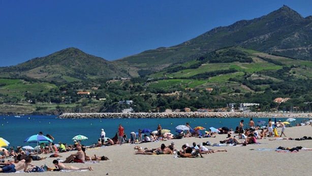 A beach with people sunbathing and swimming, surrounded by green hills and a clear blue sky. - Homerez - House in Argelès-sur-Mer with shared pool (Argelès-sur-Mer)