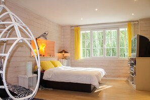 A bedroom with a bed, a hanging chair, a TV, and a window with curtains. - Homerez - House near Montluçon (Montluçon)