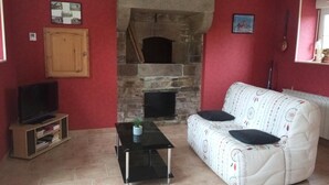 Una sala de estar con chimenea de piedra, un televisor sobre un mueble bajo, un sofá y una mesa de centro.