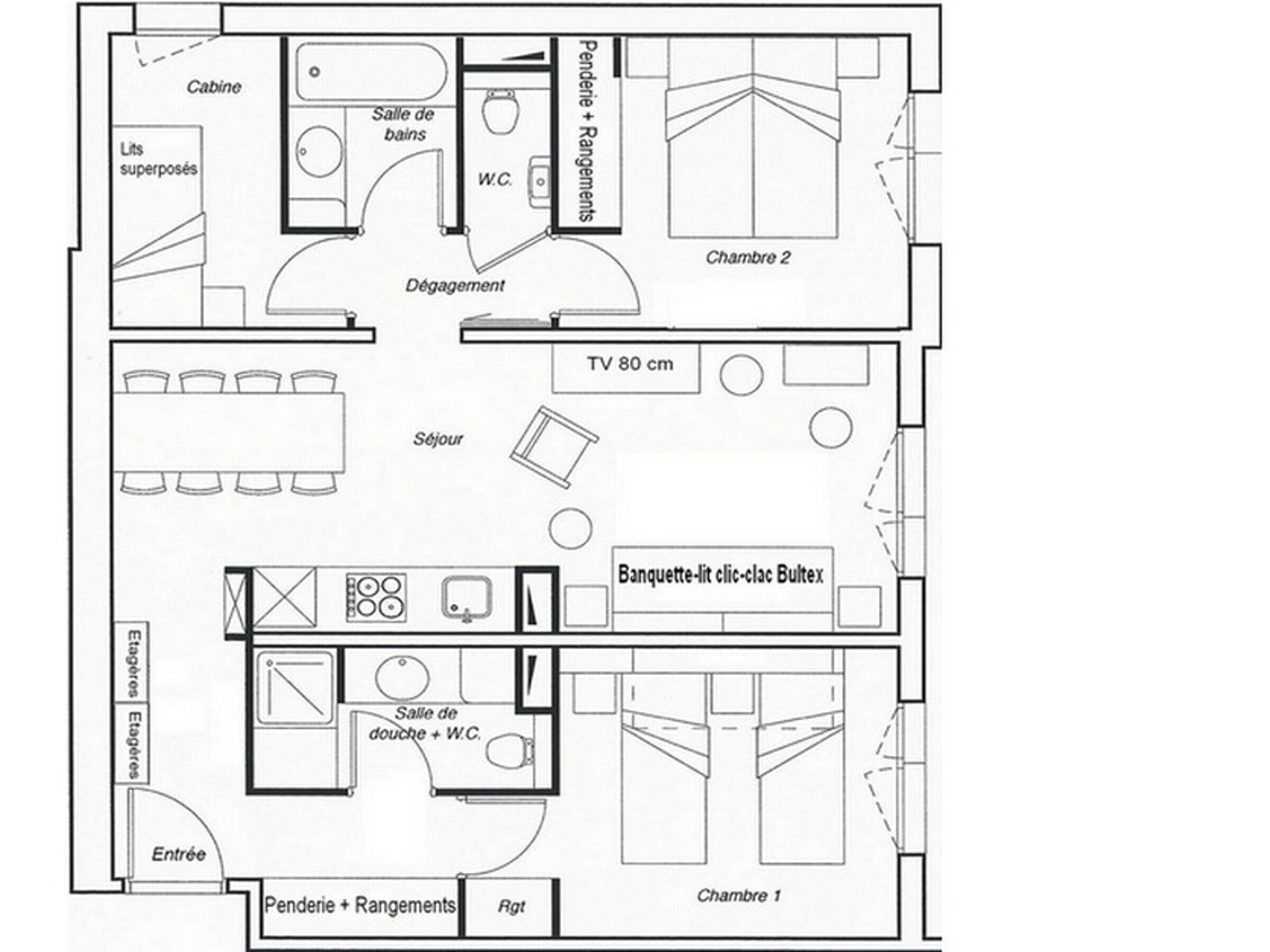 A floor plan of a hotel with a living room, two bedrooms, a bathroom, a kitchen, and a dining area.