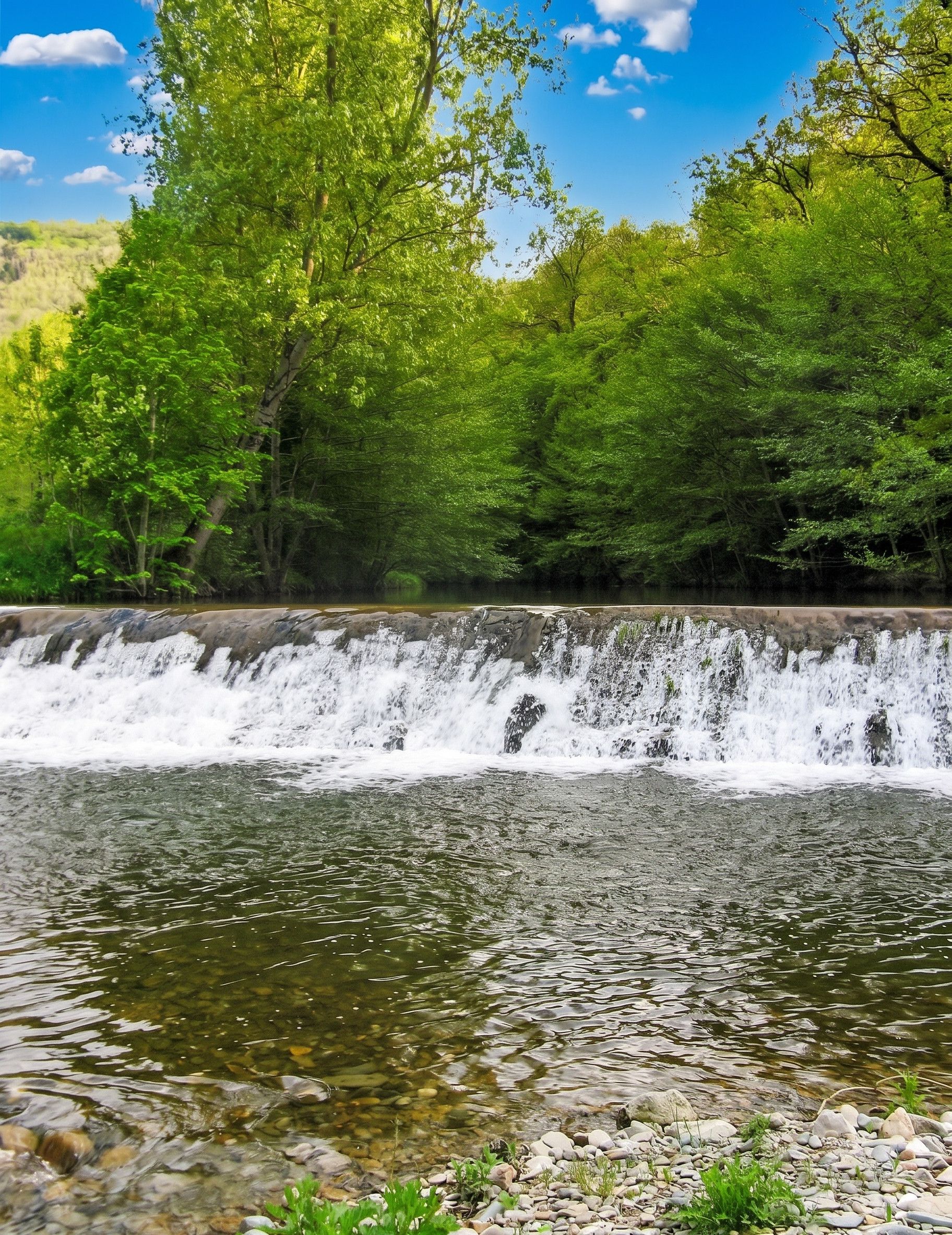 Une cascade d’eau qui dévale les rochers pour se jeter dans une rivière aux eaux claires, le tout entouré d’une végétation luxuriante.