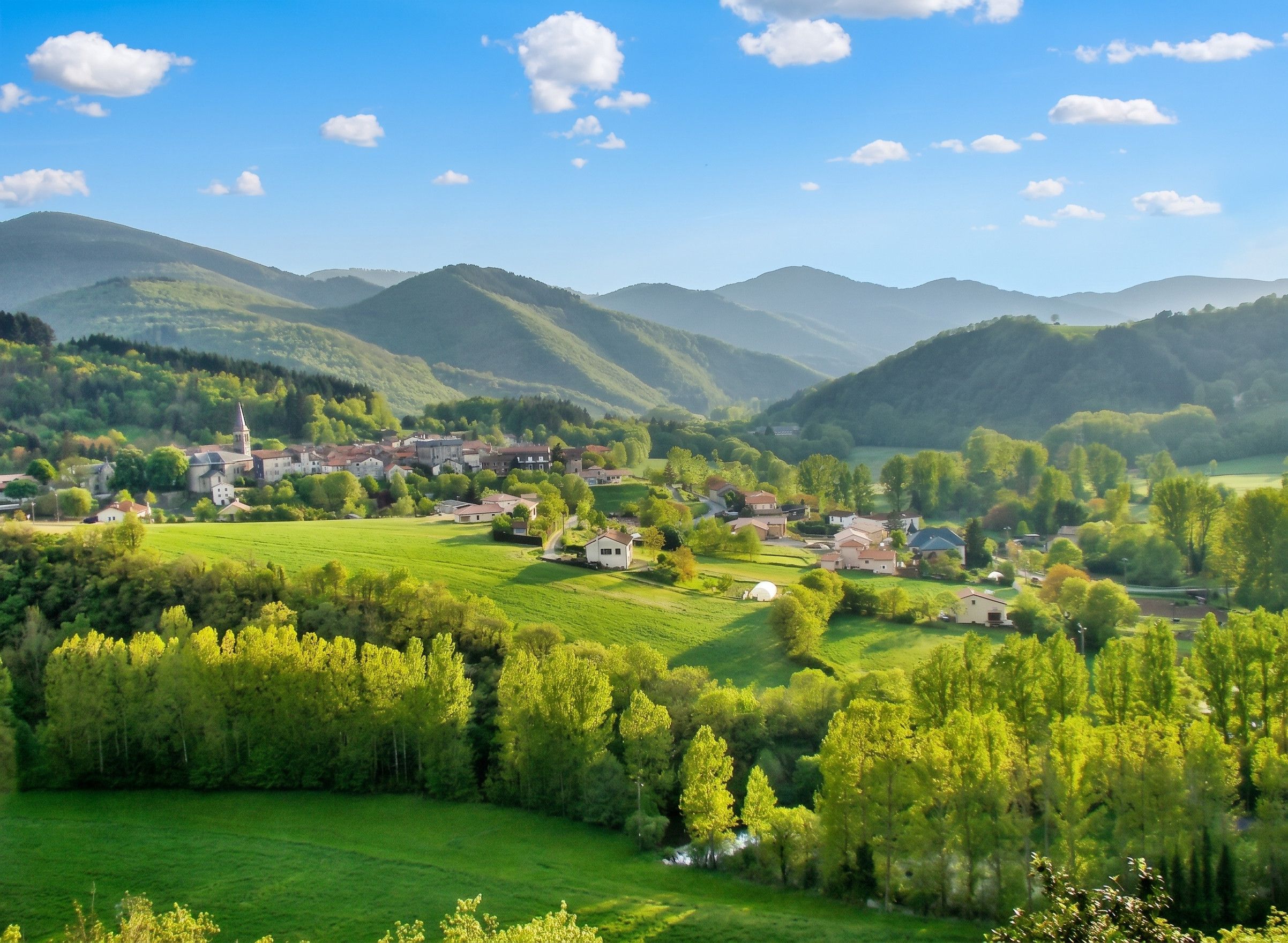 Een landelijk landschap met een klein dorp, groene velden en bergen op de achtergrond.