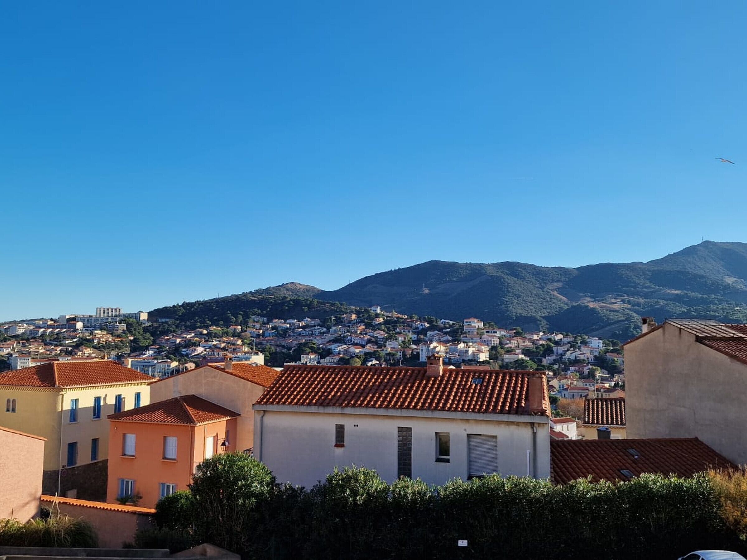 Un quartier résidentiel avec des maisons aux toits de tuiles rouges, une montagne en arrière-plan et un ciel dégagé.
