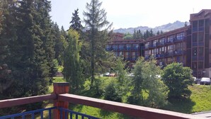 A view from a balcony overlooking a parking area with several cars, surrounded by trees and a building with multiple floors and balconies. - Renovated duplex, pets allowed, for 5 near slopes and shops (Les Arcs 1800)