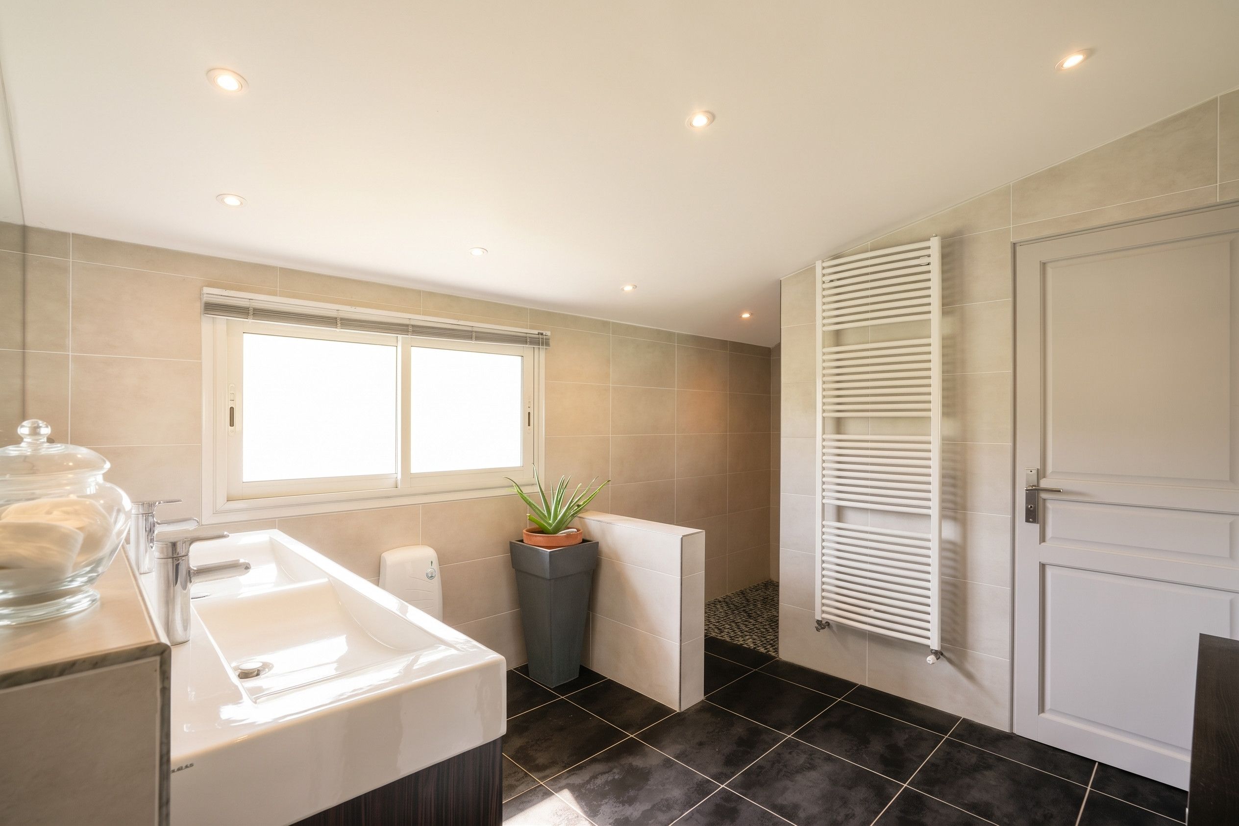 A modern bathroom with a bathtub, a window, a potted plant, and a radiator.