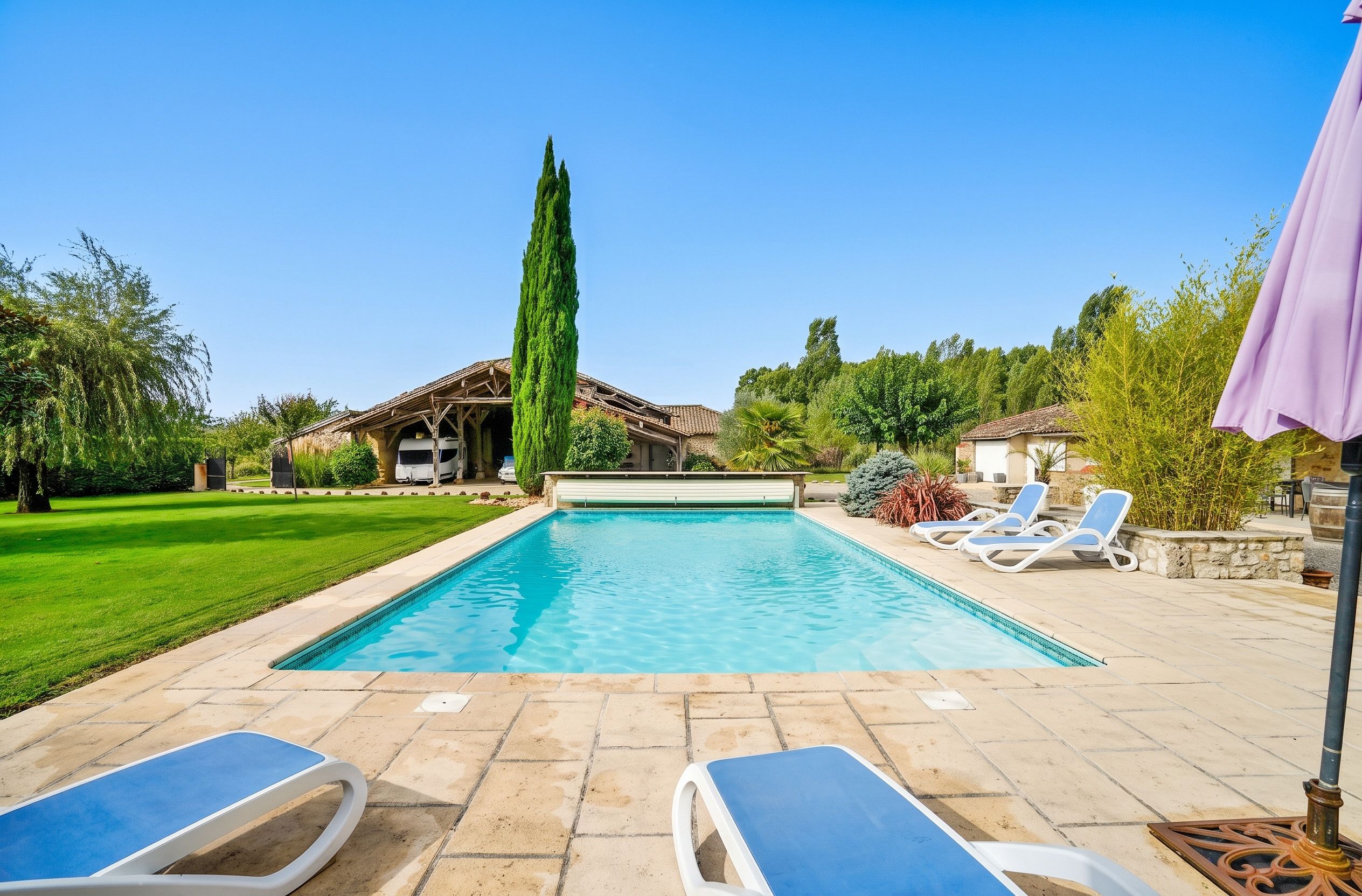 A swimming pool with lounge chairs, a tall tree, and a building in the background.