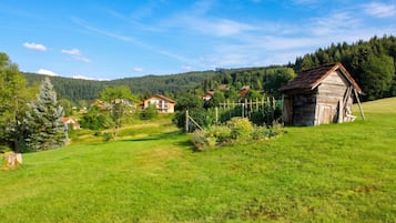 Eine ländliche Landschaft mit einer Holzhütte, einem kleinen Haus und einer Nadelbaumart.