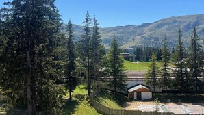 A lodge with a wooden fence, surrounded by tall evergreen trees and a mountain backdrop. - Cozy studio for 4 in Méribel Altiport, ski-in/ski-out (Méribel)