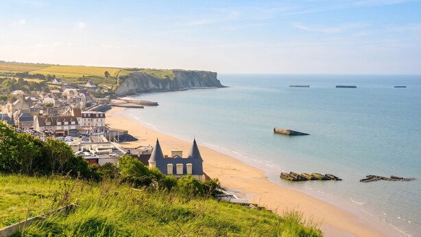 A coastal town with a beach, a church, and a cliff. - Homerez - House in Arromanches-les-Bains (Arromanches-les-Bains)