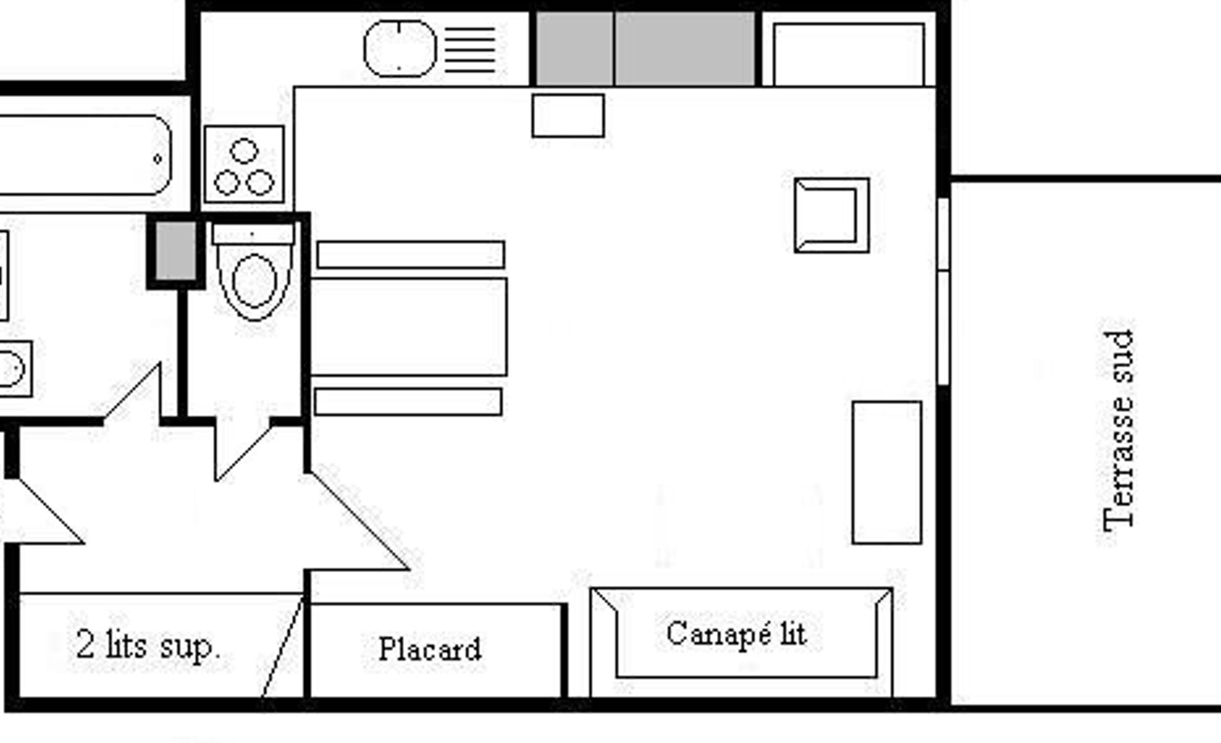Indeling van een hotelkamer met een badkamer, een kitchenette, een eethoek en een klein balkon.