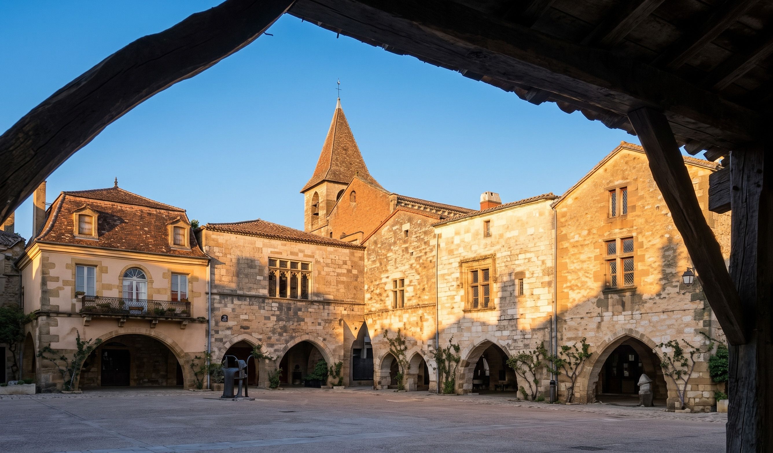 A courtyard with stone buildings, arched walkways, and a prominent tower.