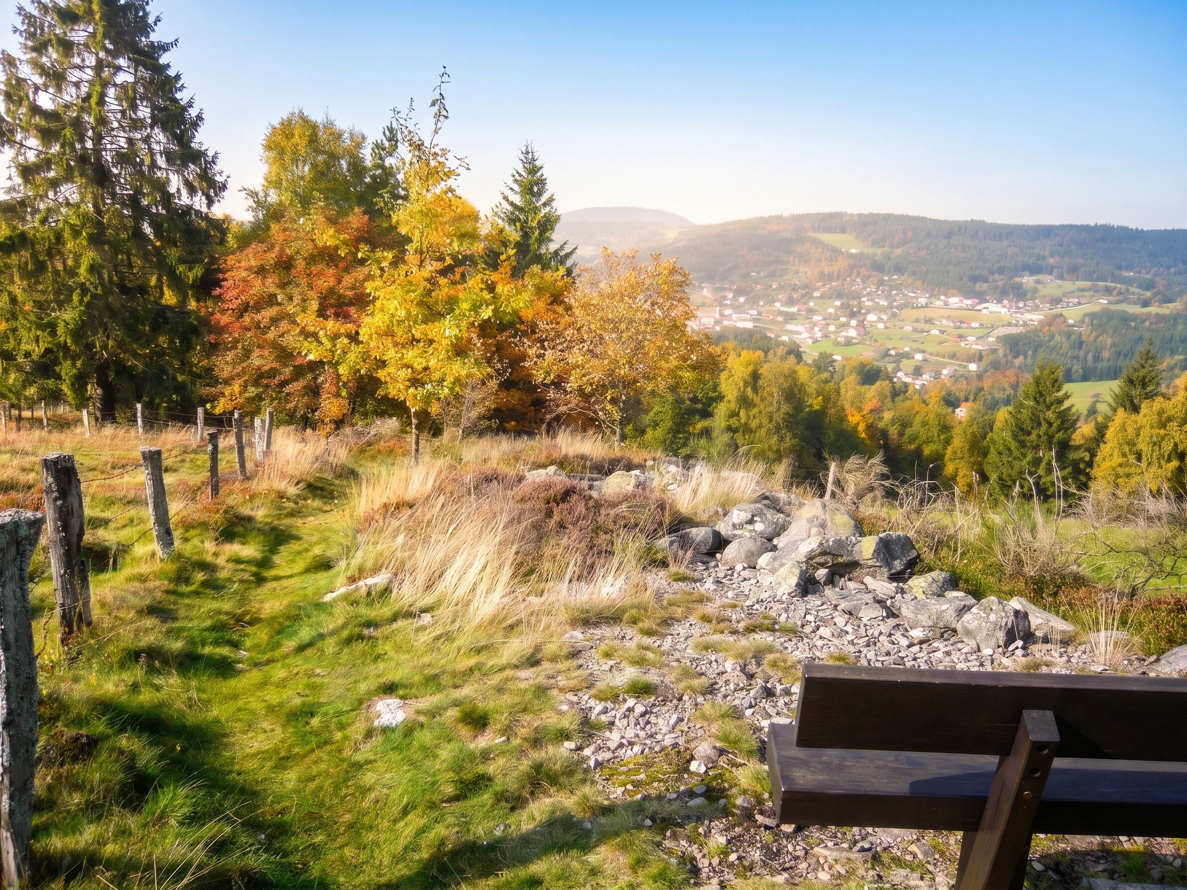 Un banco con vistas a un paisaje pintoresco con árboles y un pueblo distante.